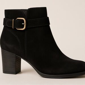 Cole Haan Black Suede Ankle Booties | Size 6.5 | Gold Buckle & Block Heel